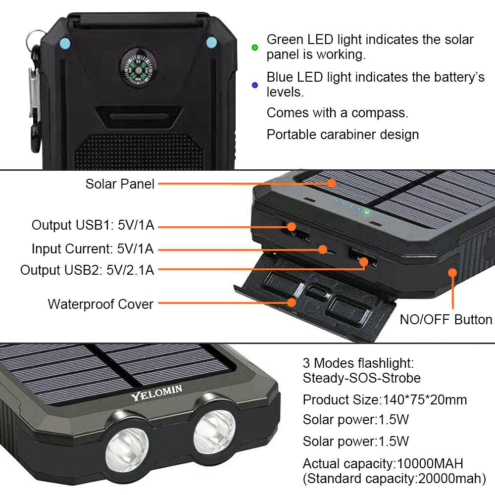 10,000mAH Solar-USB Dual Charger Waterproof Shockproof with LED Light